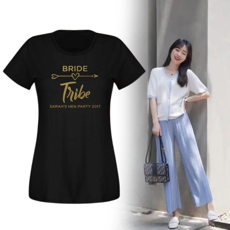 Bride Tribe Letterprint Korte Mouw T-shirt Voor Dames Ademend Mode Casual Kleding