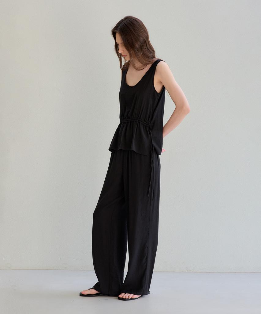 THEELO Airy Linen Blend Elastic Waist Pants (Black)