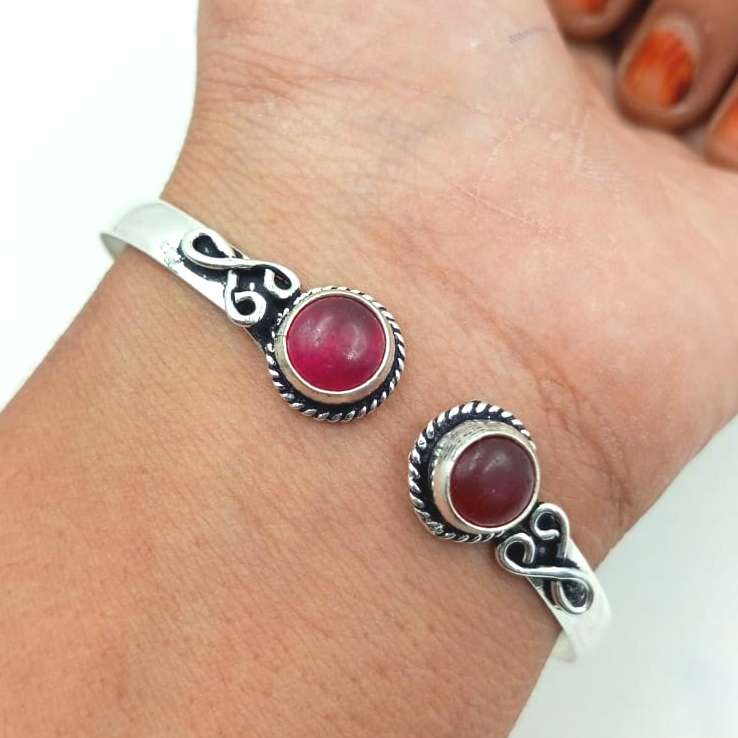 Pink Ruby Gemstone 925 Sterling Silver Plated Adjustbable Cuff Bangle FTRW-C132