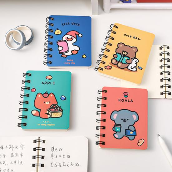 2Pcs Mini Cute Spiral Notebook Cartoon A7 Side-Turning Coil Notebook Smooth Writing Pocket Notepad 80 Pages for Study Office
