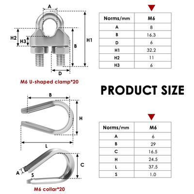 40/13PCS M3/M5/M6 Acier Inoxydable Serre-Câble Boulon en U Forme Lyre Serre-Câble avec Cosse pour Câble Métallique Corde à Linge