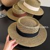 Seaside Vacation Style Flat Top Straw Hat Women's Summer French Elegant Beach Hat Sunshade Sun Protection Hat Straw Top Hat