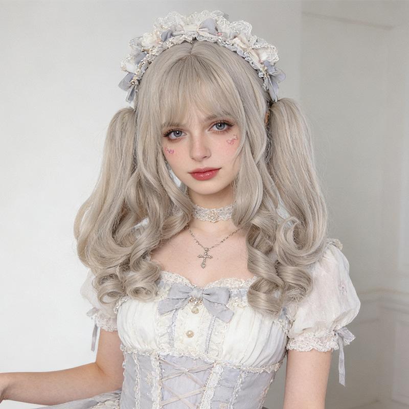 Light Gray Roman Curl Loli Hair Clip Twin Ponytail Full Head Wig