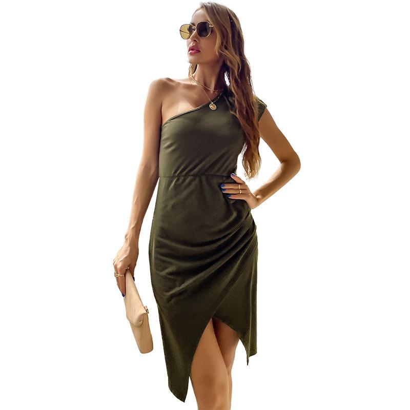 Damen Frühling und Sommer Schulter einfarbig Hüftrock unregelmäßiges grünes Kleid