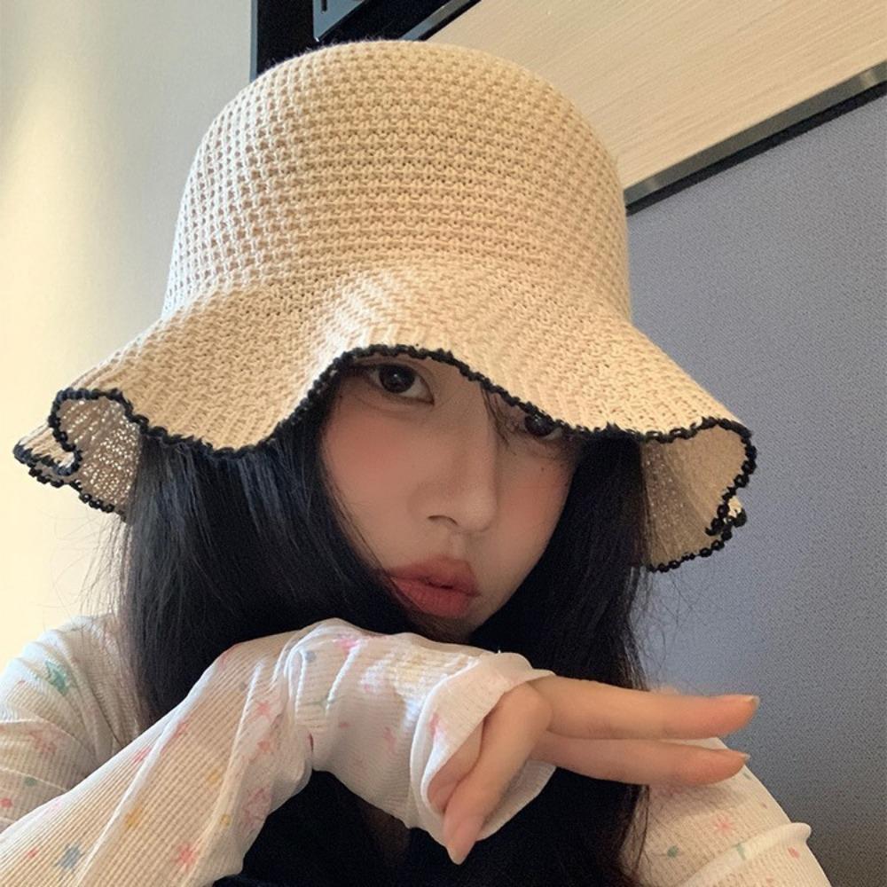 Fashion Sweet Straw Sun Hat Temperament Visor Cap Knitted Bucket Hat French Style Hollow Out Seaside Beach Cap Travel