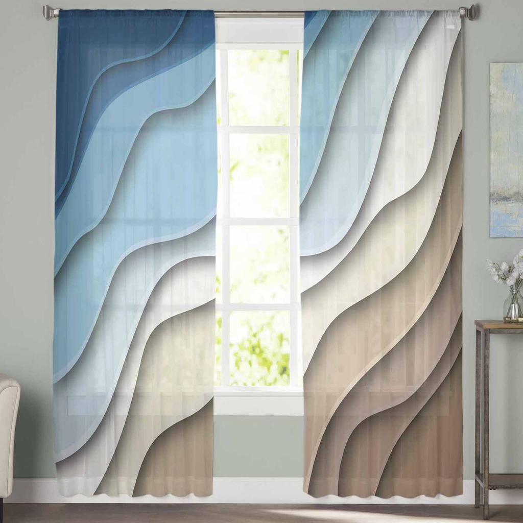 Blue Brown Gradient Geometric Abstract Sheer Curtains For Living Room Kitchen Bedroom Voile Hanging Window Drapes