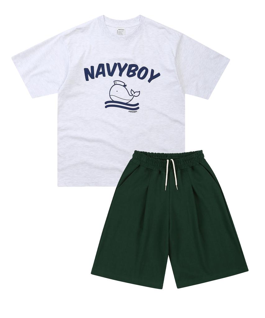 PAPERBOY [Set] Navy Boy Short Sleeve Half Pants Set-White