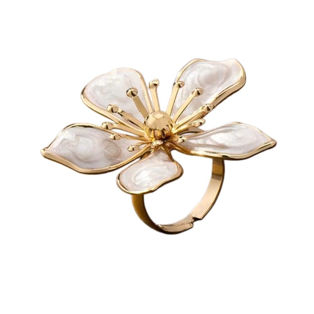 Large Flower Ring Metal Petal Banquet Luxury Enamel Bride Ring Exquisite Temperament Wide Opening Ring Jewelry Gift