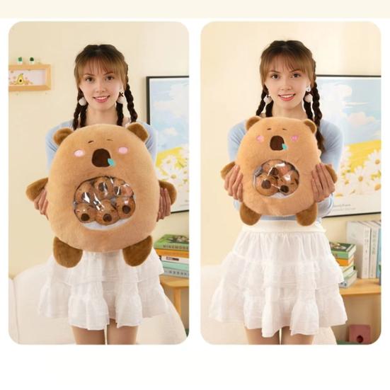 Capybara Plush Snack Bag Pad with Zipper Design Soft Stuffed Toy with 3-6 Mini Capybara Dolls Inside Transparent Abdomen Cute Hugging Pillow for Kids