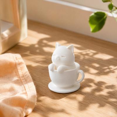 Figurine Tasse à Thé Chat Mignon Imprimée en 3D yangyizhi, Mini Statue d'Animal Décoration Apaisante Ornement, Sculpture Blanche Lisse pour Bureau avec Base Stable Intégrée,