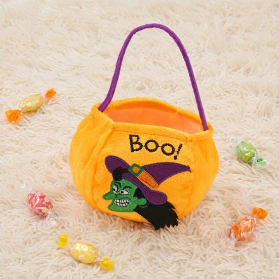 xiaobudian Halloween Trick or Treat Bucket, 9.8x5.9 Inch Pumpkin Witch Black Cat Plush Tote Bag, Soft Candy Basket with Handle for Party Favors