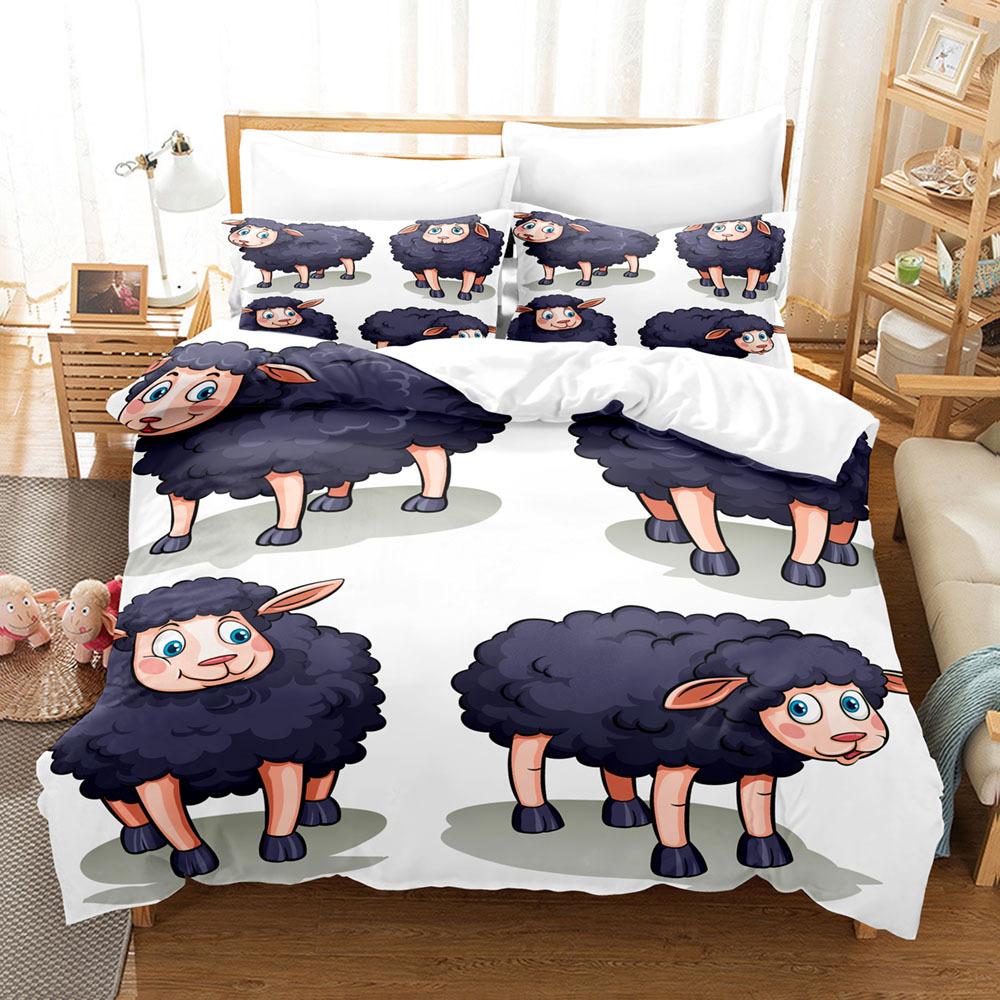 Dyredyne Trekksett Tegneserie Hvitt Sau Tema Mønster Kawaii King Queen Twin Full Størrelse for Barn Tenåringer Polyester Sengetøy Sett