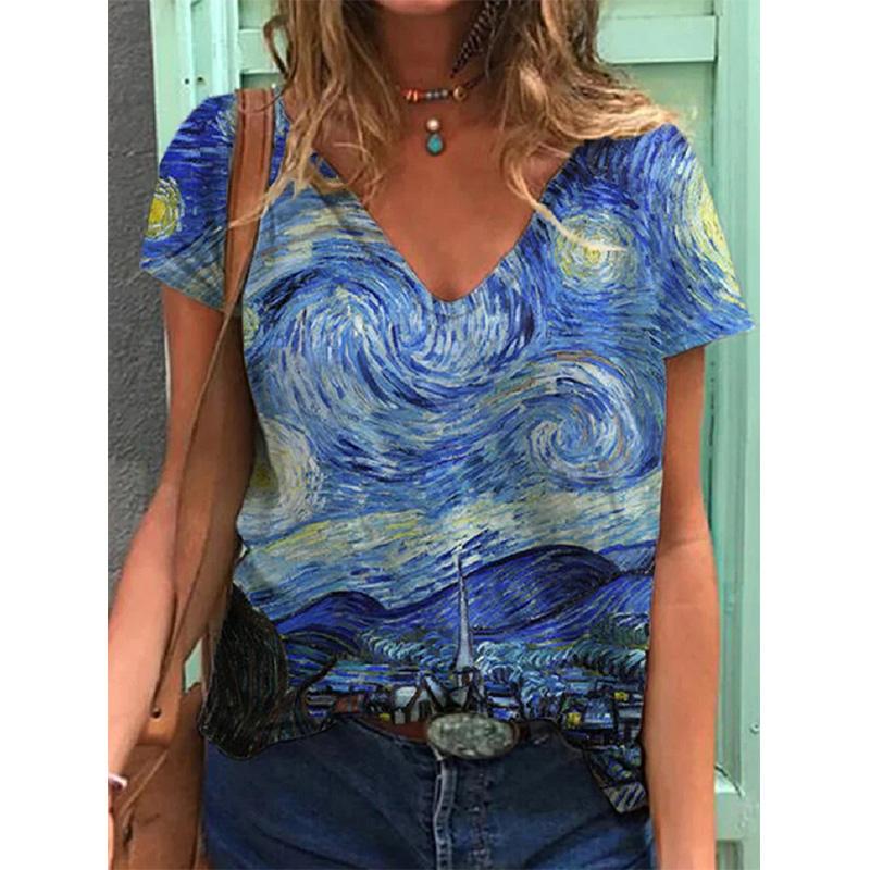 Van Gogh Ölgemälde T-Shirts Sonnenblume 3D Druck Frauen Übergroßen Streetwear V-ausschnitt T-shirt Harajuku Y2k Tops Frau Tees Kleidung