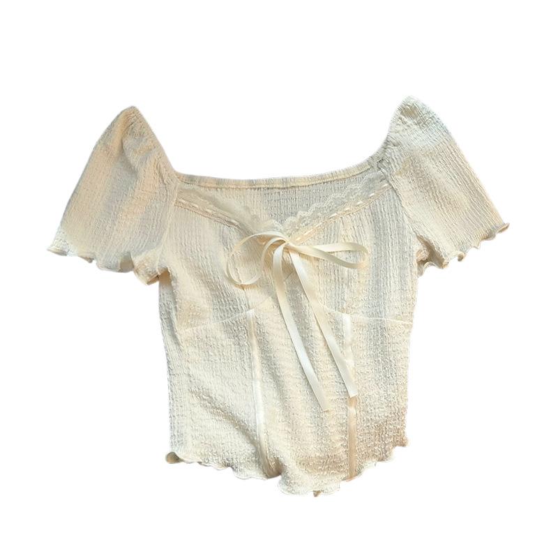 Lace V-neck Short-sleeved T-shirt Women's Summer New Bow Pure Desire Wind Spice Girl Tight Short Top