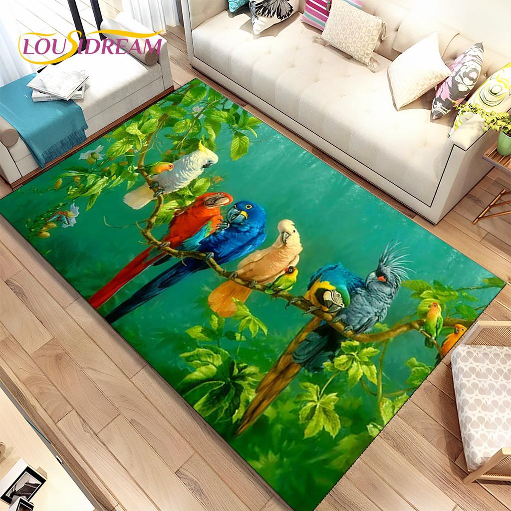 Teppich mit bunten Papageien, Aras und Vögeln, Teppich für Zuhause, Wohnzimmer, Schlafzimmer, Sofa, Fußmatte, Küchendekoration, rutschfeste Bodenmatte für Kinder