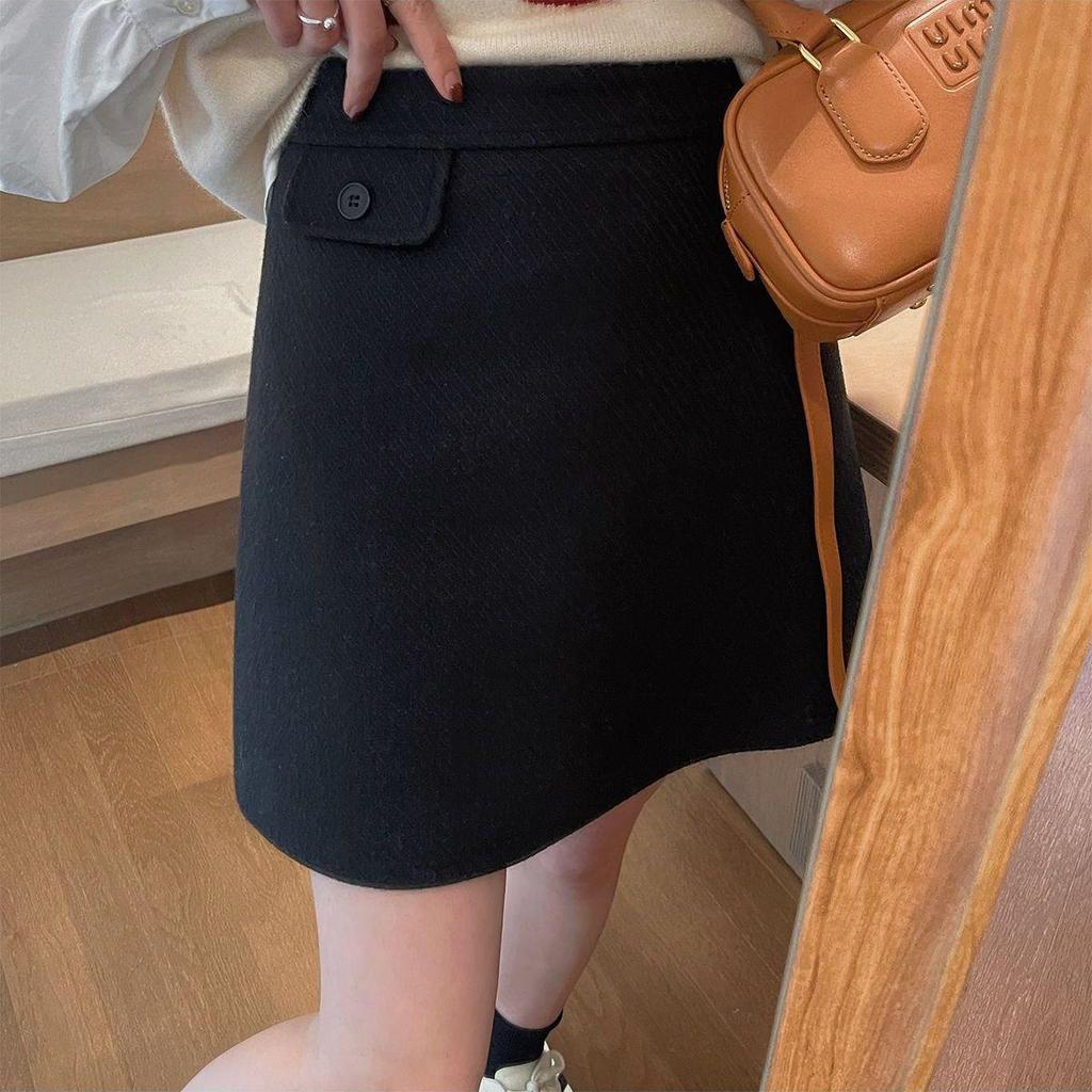 Versatile Wool Slimming Midi A-Line Skirt for Women - Plain Color, High Waist, Ideal for Spring, Autumn, and Winter