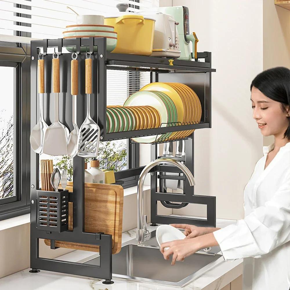 Sink Dish Rack Scalable Adjustment Drain Rack Tabletop Bowl And Plate Organizer Household Stainless Steel Kitchen Accessories
