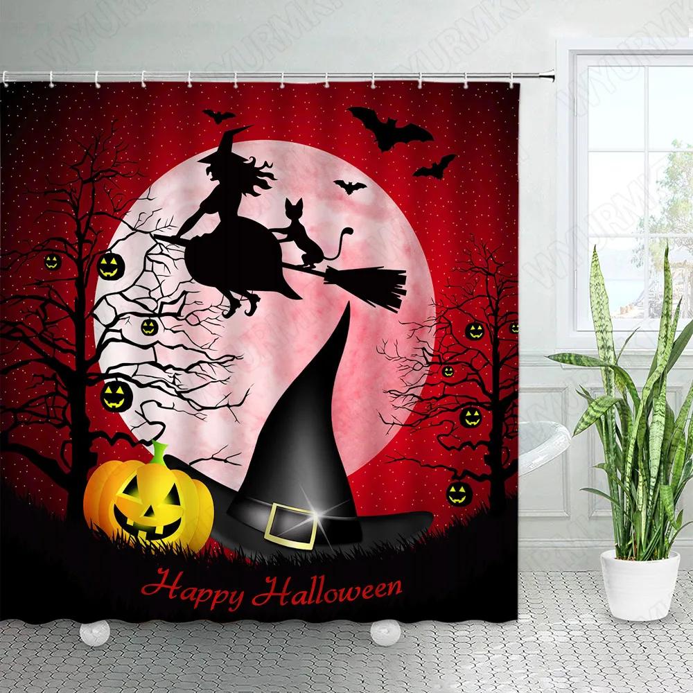 Horror Halloween Shower Curtain Funny Pumpkin Witch Black Cat Dead Tree Castle Night Scenery Fabric Bathroom Decor Bath Curtains