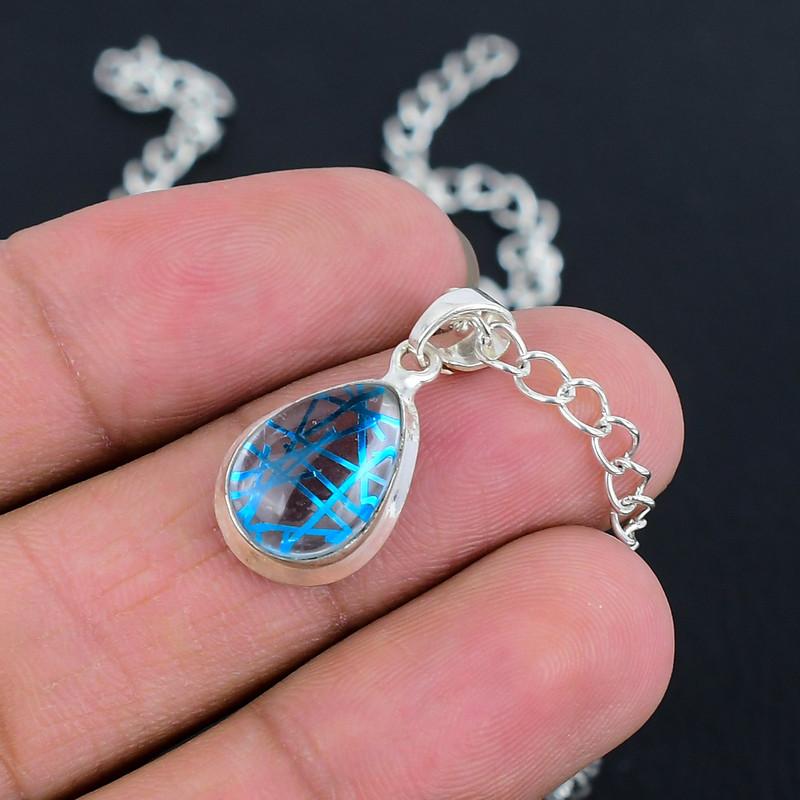 Natural Blue Rutile 10x14 S Lock Chain Pendant HandCrafted Fine Polished 925 Sterling Silver Pendant with Morden Design Gift for Wedding Bridal