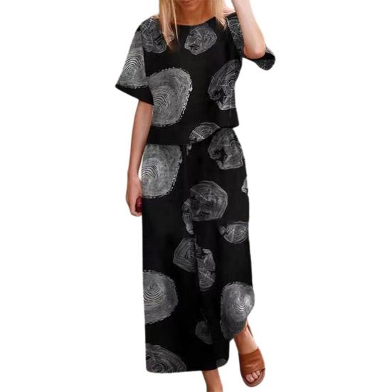 Women Fashion Printed 2-Piece Lounge Set Short Sleeve T-Shirt & Wide-Leg Pants Lightweight Breathable Spring Summer Autumn Suit for Casual Daily Wear