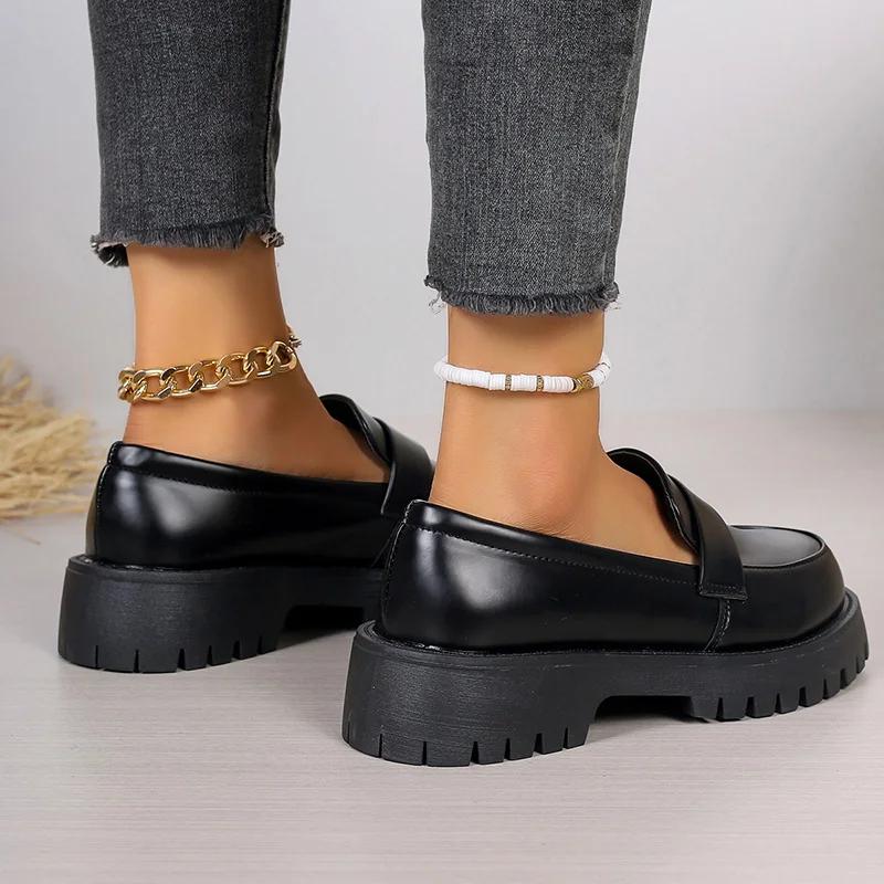 Mocassins à plateforme style britannique pour femmes talons hauts femme bout rond chaussures simples femme semelle épaisse chaussures en cuir PU mujer