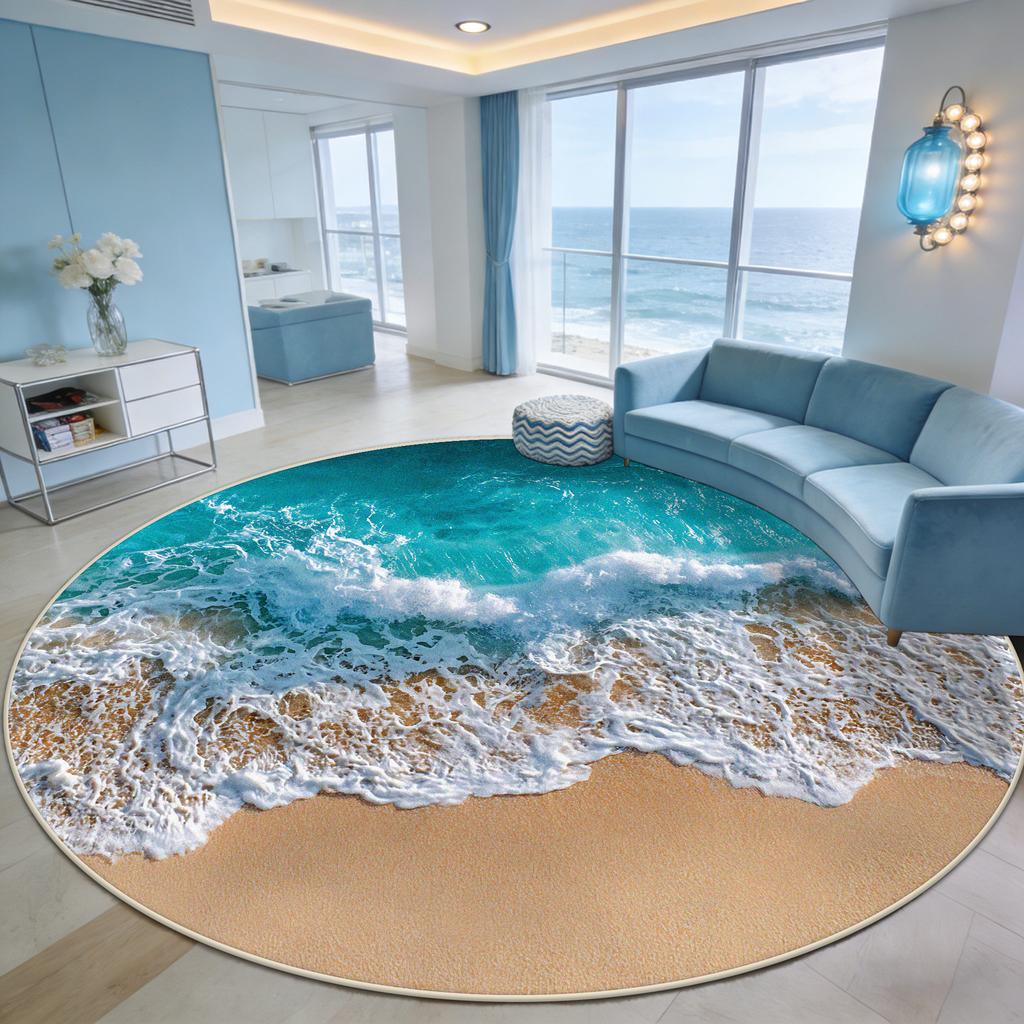 Immersive Wave Beach Round Carpet for Living Room Decoration Terrace Courtyard Antiskid Rug Easy Clean Fluffy Mat for Children