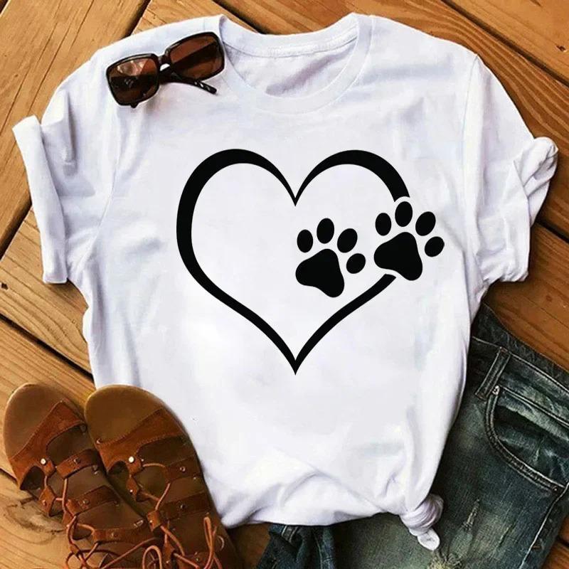 Womens CartoonTshirt Colorful Heart AndDog Paw Print Tshirt Womens Summer Tshirt 90s Girl ShortSleeve Tshirt Black Tshirt