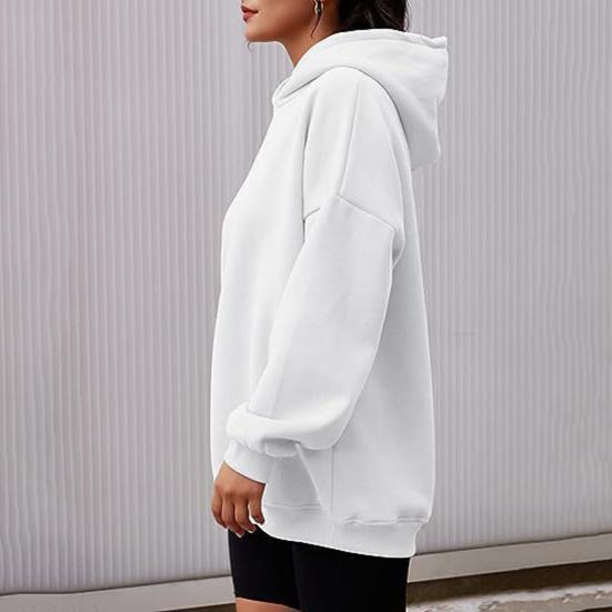 Women Fall Winter Hoodie Thick Hooded Long Sleeves with Big Pocket Plus Size Mid Length Solid Color Loose Elastic Cuffs Drawstring Sport Top