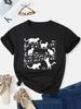 Music & Cat Print Crew Neck T-shirt Casual Short Sleeve Comfit Fit Top for Spring & Summer Women's Clothing