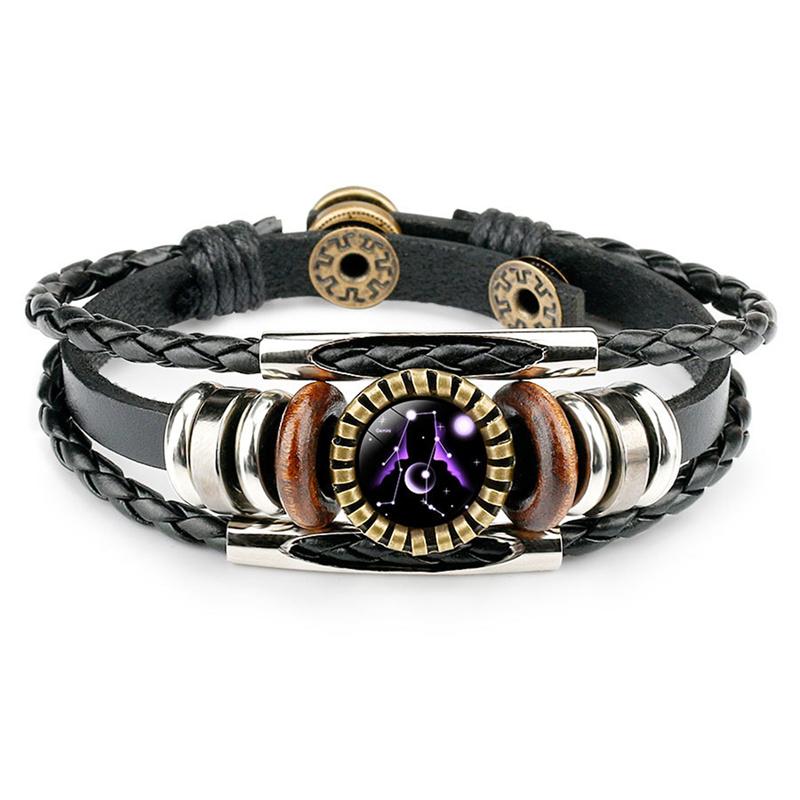 12 Sterrenbeelden Dierenriemteken Zwarte Gevlochten Leren Armband Kreeft Leeuw Maagd Weegschaal Geweven Glazen Koepel Sieraden Punk Heren Armband