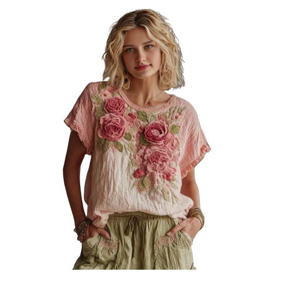 Topuri de damă Gât rotund Mânecă scurtă Imprimeu floral retro Artă Pulover Topuri Croială largă Material moale Casual Cămașă de vară