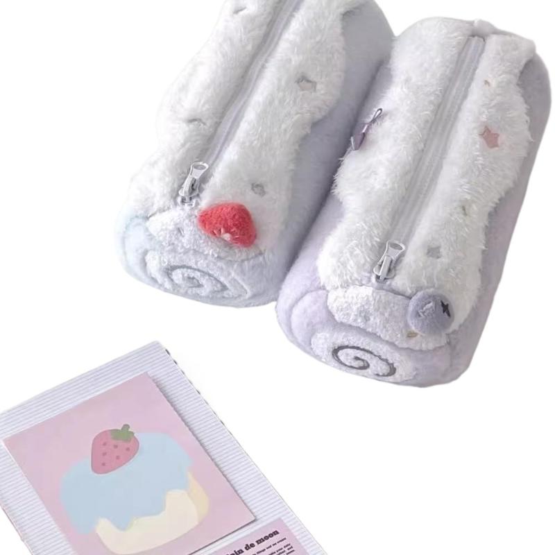 1 Piece Cute Cream Swiss Roll Soft Plush Pencil Case Zipper Large Capacity School Student Stationery Storage Bag