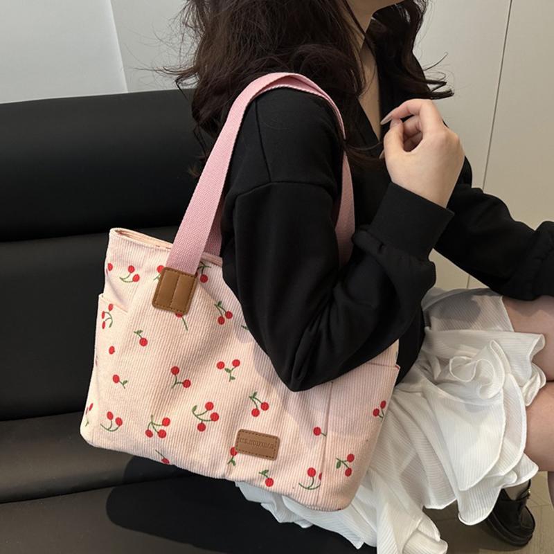 Cord Umhängetasche Niedliche Kirsch-Patchwork-Handtasche für Damen Stoff Große Kapazität Tragetasche Schultertasche Lässige Achseltaschen KTY