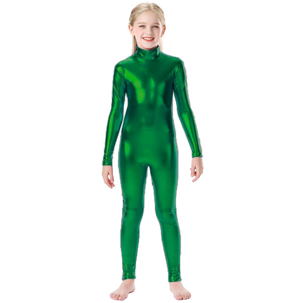 Dívčí lesklý kovový kostým s dlouhým rukávem a zipem na zádech, jednodílný kostým s motivem krku, dětský kostým, Wetlook