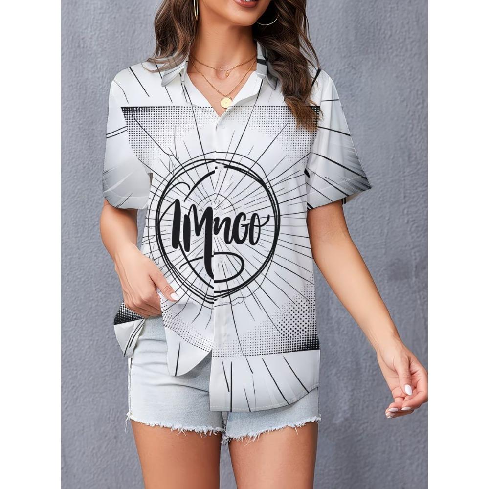 Damen Retro Geometrisch Gestreift Bedrucktes Knöpfbares Kurzarmhemd mit Revers-Oberteil, Sommerliches Lässiges Kurzarmhemd