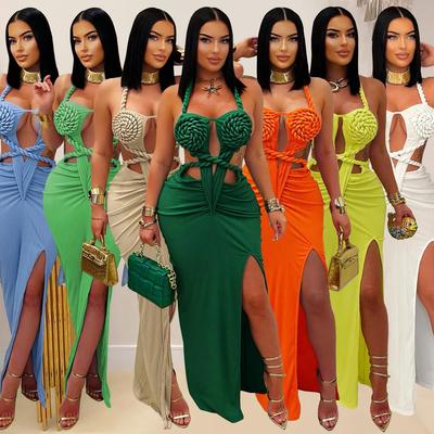 C7407 Europäische & Amerikanische Mode: Sexy Strick-Neckholder-Rückenfreies Kleid für Damen