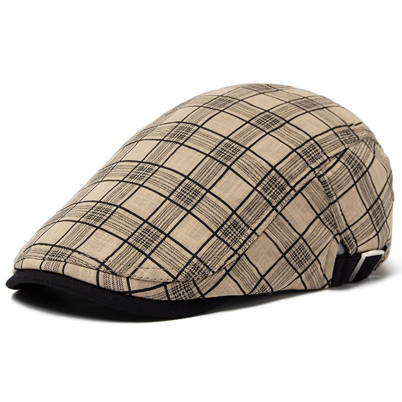 Summer Thin Plaid Beret Men's British Cotton and Linen Shade Cap Forward Hat