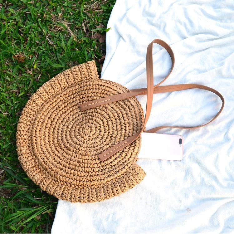 Summer New Fashion Outdoor Circular Beach Straw Braided Woven Beach Bag Travel Sling Bag Tote Bag