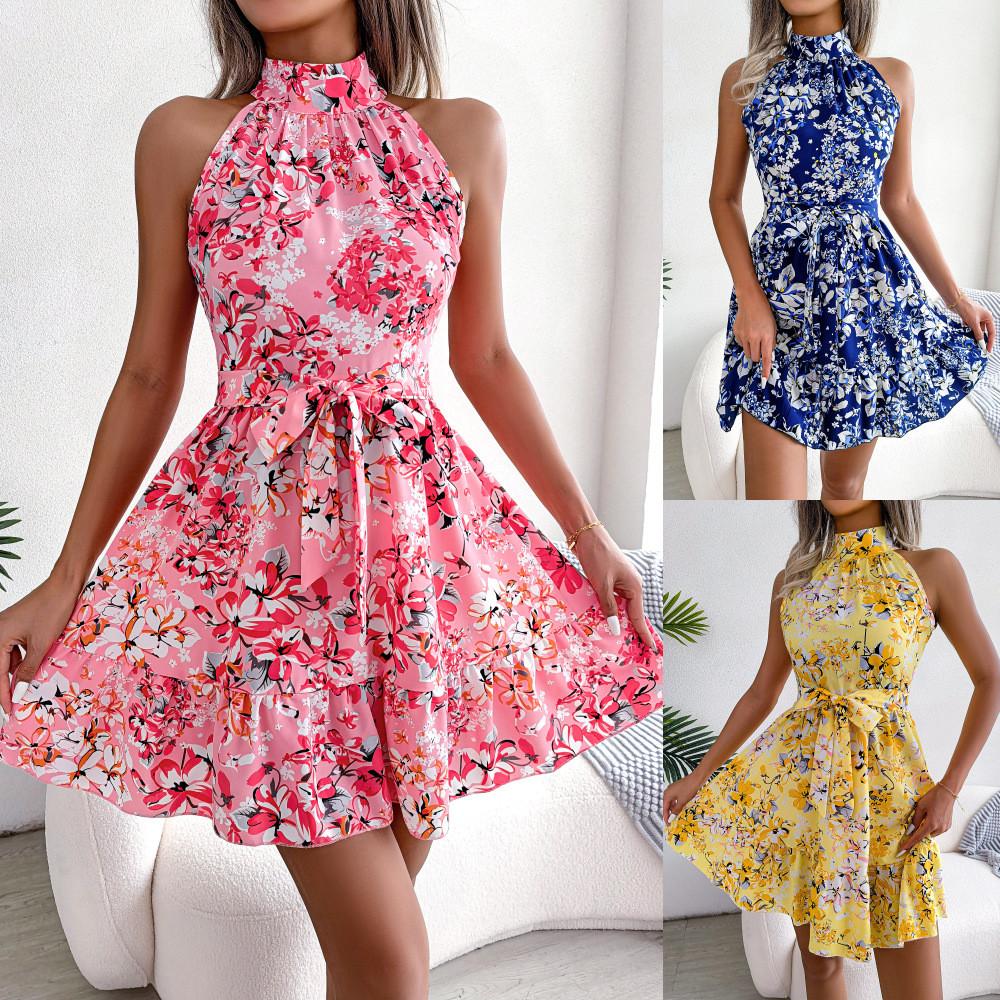 Spring Summer Floral Chiffon A Line Dress With Ruffle Hem For Casual Women