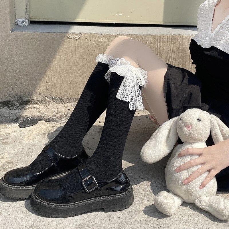 Dam Söt Enfärgad Vit Svart Lolita Volanger Flickor Strumpor Dam JK Japansk Gotisk Stil Spets Ros Knähöga Långa Strumpor EMA