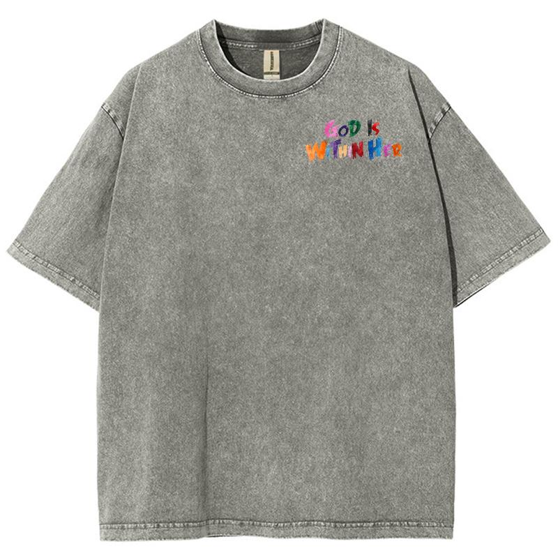 Summer Women's T-Shirt Front and Back Letter Print Washed Denim Fabric Short Sleeves Unisex Style Casual Simple Design