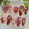 24Pcs Red Glitter Christmas Leaf Pattern Short Oval Press On Nails Fake Nail Tips Set
