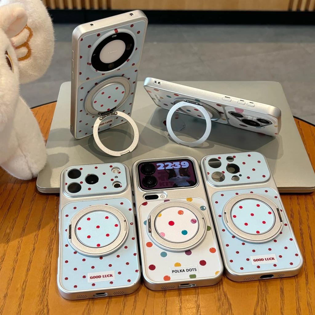 Full screen color polka dot rotating bracket is suitable for Apple iPhone16/17 mobile phone case 15 large windows 14/13 sets