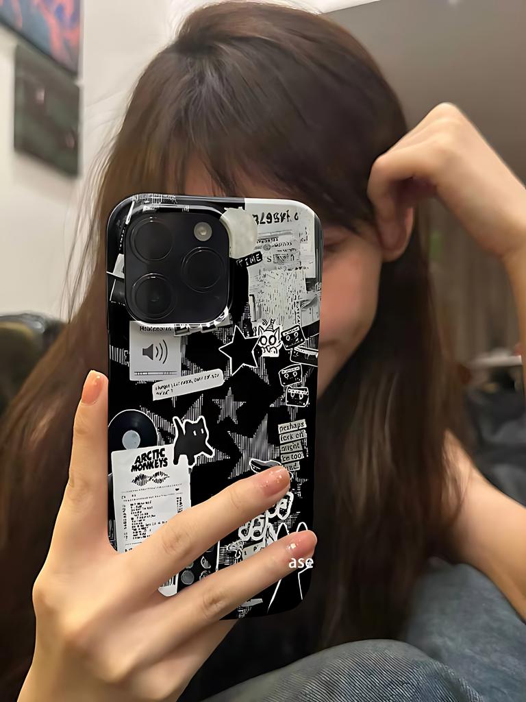 Ins Style Black White Stickers Phone Case for iPhone 17 16 15 14 13 12 11 Air Pro Max X XS XR 7 8 Plus Glossy Film Hard PC Cover