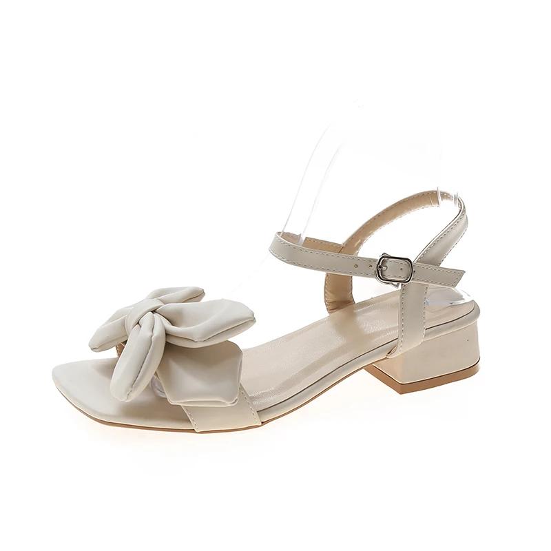 Large Solid Color Open-toe Sandals Women 2024 Summer New One-line Buckle Fashion Temperament Bow Knot Comfortable Women's Shoes