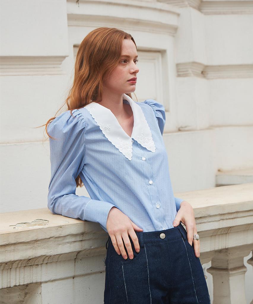 Amadyu Point Puff Collar Stripe Blouse_Navy