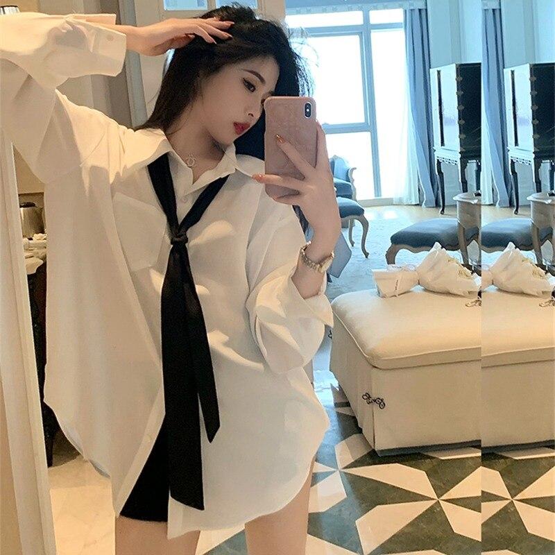 Spring And Autumn Korean White Shirt Women Long Sleeve Casual Loose Blouse Office Lady Elegant Button Up Blouses With Tie 29286