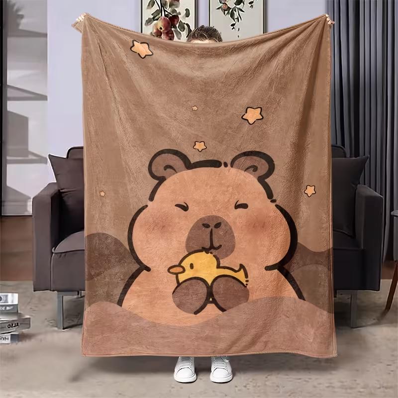 Flannel Blanket, 2D Printed Capybara Animal Cartoon Cute Milk Tea Element Throw, BirthdayHoliday Gift, Multi-Use for SofaCamping