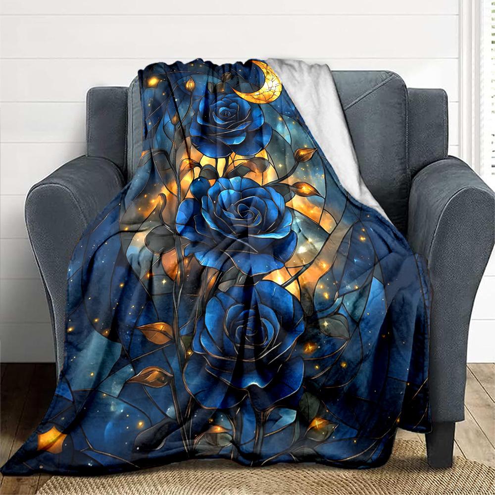 1pc Stained Glass Roses Print Blanket - Lightweight Flannel Blanket For Sofa, Bed, Living Room, Office, Outdoor Travel, Camping, Soft 042