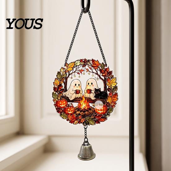 Pumpkin Party Decor Halloween Acrylic Hanging Decoration, Cartoon Ghost Ornament with Double Sided Bell, Suncatcher for Indoor Outdoor Holiday